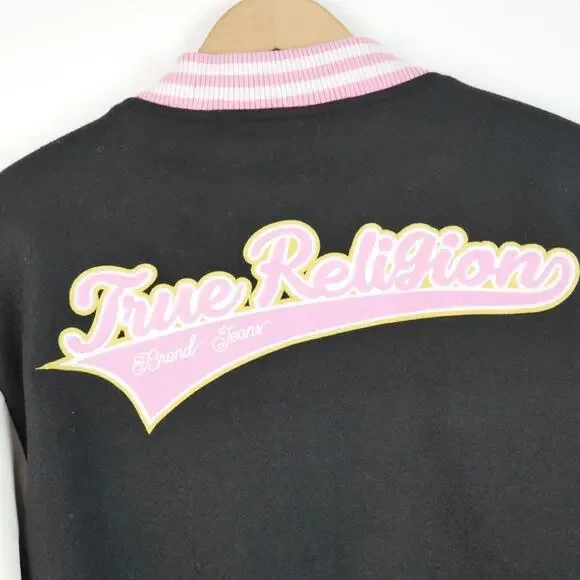 New Women’s True Religion Script Horseshoe Varsity Jacket Size L Pink Academia - Picture 9 of 11